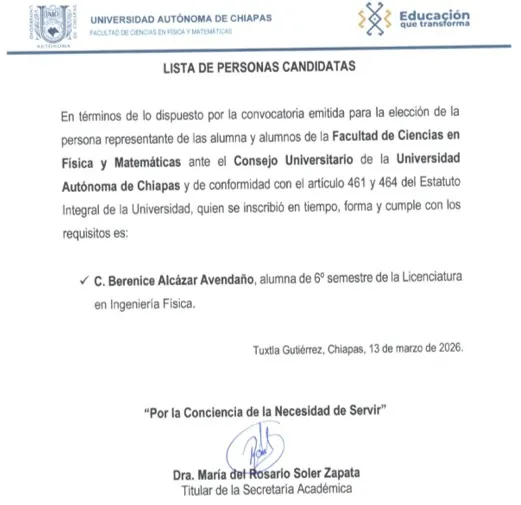 Persona representante  de las y los alumnos de la Facultad de Ciencias en Física y Matemáticas ante el Consejo Universitario de la Universidad Autónoma de Chiapas.